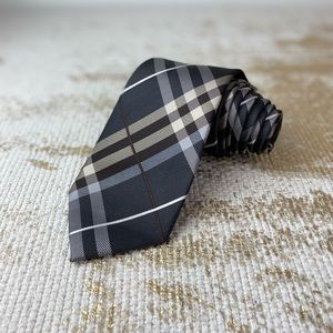 GEOFFREY BEENE Men’s Grey, Brown & Beige Plaid Silk Necktie NWT | Office Formal